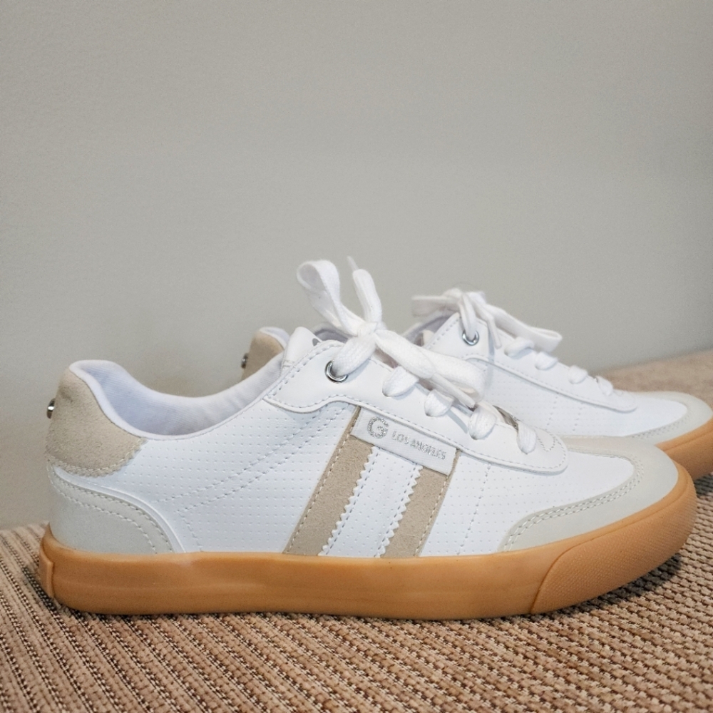 White and Tan Sneakers with Gum Sole